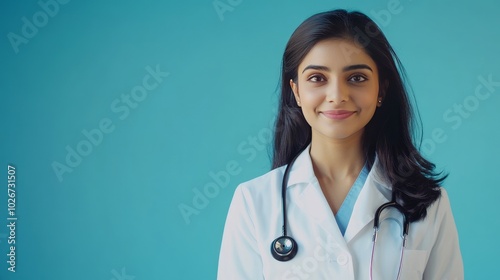 Medical illustration shows a stunning Indian woman doctor wearing a white coat and a waist-up stethoscope. student of medicine. A female hospital employee is smiling and facing the camera in a studio 