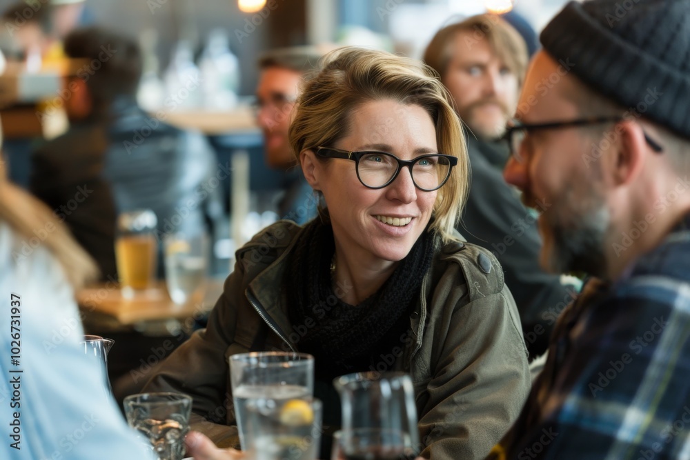 Happy woman with friends in the bar. Group of people in a cafe Happy woman with friends in the bar. Group of people in a cafe