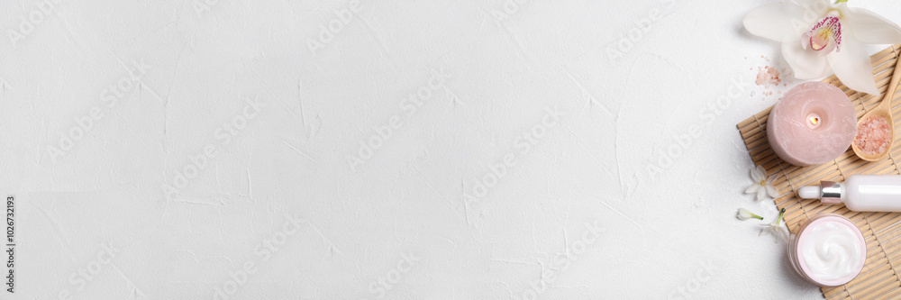 Flat lay composition with cosmetic products for spa treatment on white background, banner design. Space for text Flat lay composition with cosmetic products for spa treatment on white background, banner design. Space for text