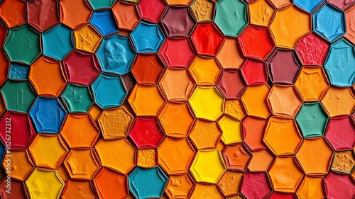 Vibrant rainbow-colored circular background featuring an intricate pattern of interlocking hexagons, resembling cells photo