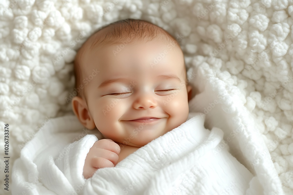 Cute joyful newborn baby snuggled on a white blanket, close-up portrait. Cute joyful newborn baby snuggled on a white blanket, close-up portrait.