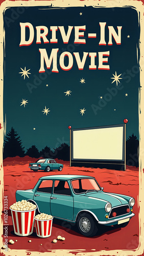 Retro poster drive-in movie night event classic style