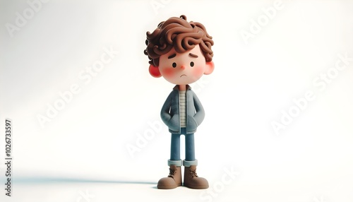 Claymation Style Full Body Standing Young Boy Character with Curly Hair, Isolated on White Showing Gesture