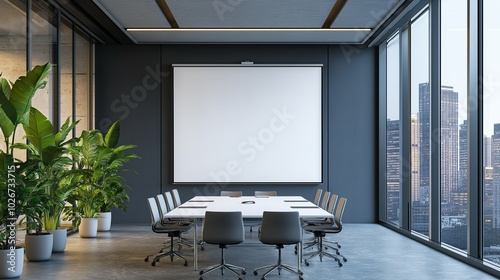 Inside the conference room with a blank white mockup frame. generate ai