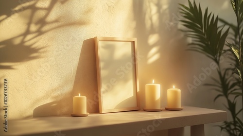 Wooden picture frame placed on a wooden table next to the window. Shining with the morning sun generate ai