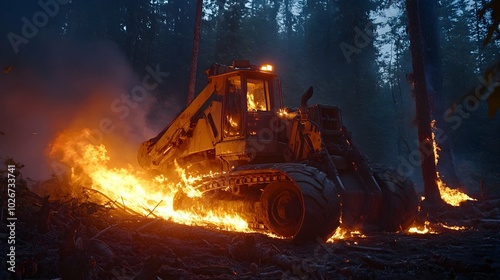 Logging Skidder Engulfed in Flames in Old-Growth Forest. photo