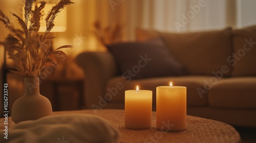 Warm atmosphere inside the house decorated with scented candles. generate ai