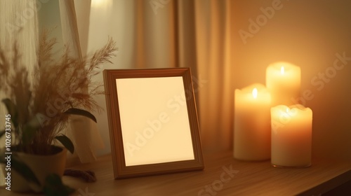 Wooden picture frames placed on shelves in the room. Decorated with scented candles generate ai