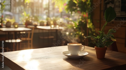 Hot coffee on a wooden table Warm, soothing color generate ai