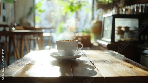 Hot coffee mug on wooden table morning lightgenerate ai