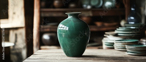 Green ceramic vase, blurred background generate ai