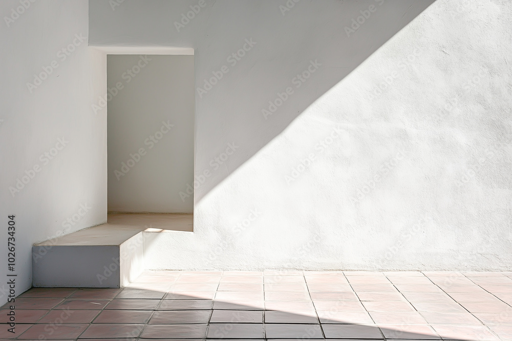 Minimalist architecture with sharp shadows on white wall and terracotta tiles Minimalist architecture with sharp shadows on white wall and terracotta tiles