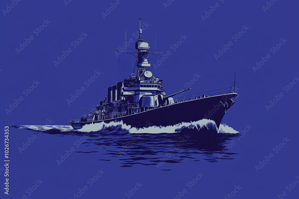 Battleship Icon in 2D: Departing Steel Grey on a Cobalt Sea - Naval Strength Display Battleship Icon in 2D: Departing Steel Grey on a Cobalt Sea - Naval Strength Display