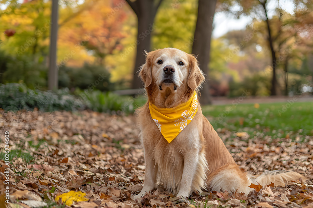 Golden Retriever in a Yellow Bandana Surrounded by Autumn Leaves in a Park Golden Retriever in a Yellow Bandana Surrounded by Autumn Leaves in a Park