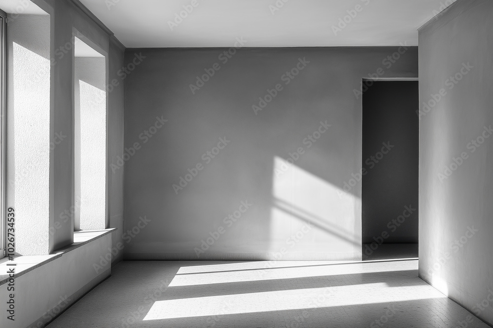 Fototapeta premium Sunlight through windows casts geometric shadows in serene, minimalistic empty room