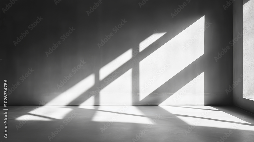 Sunlight casts geometric shadows on a gray wall, creating striking light and darkness. Sunlight casts geometric shadows on a gray wall, creating striking light and darkness.