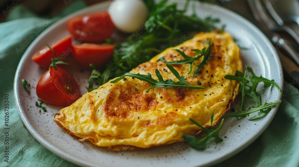 Fluffy cheese omelet served on a white plate with fresh cherry tomatoes and arugula, garnished with chives, creating a colorful and appetizing breakfast scene. Fluffy cheese omelet served on a white plate with fresh cherry tomatoes and arugula, garnished with chives, creating a colorful and appetizing breakfast scene.