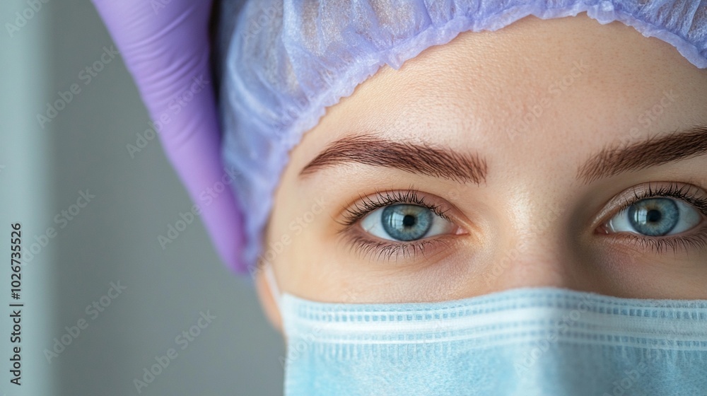 Close-up portrait of a healthcare worker's piercing blue eyes, wearing a protective face mask and surgical cap, conveying determination and focus. Close-up portrait of a healthcare worker's piercing blue eyes, wearing a protective face mask and surgical cap, conveying determination and focus.