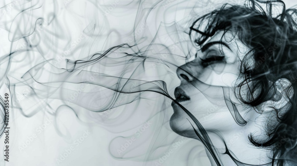 Fototapeta premium A woman's face is partially obscured by smoke. AI.