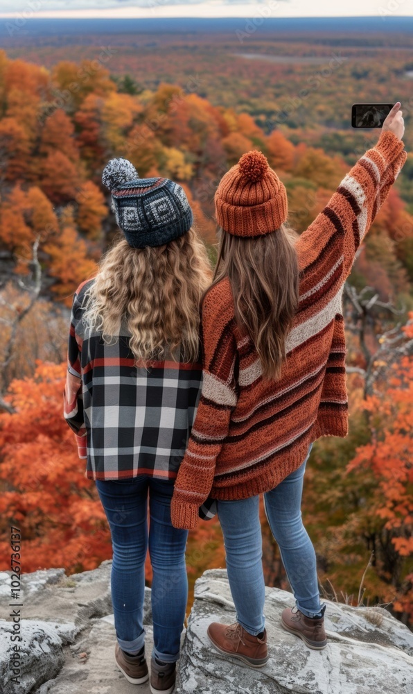Two friends admire the view from a cliff overlooking a fall foliage forest. AI. Two friends admire the view from a cliff overlooking a fall foliage forest. AI.