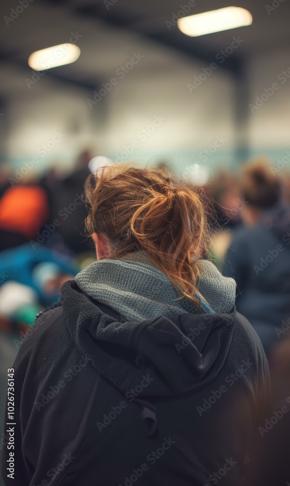 A person with long brown hair tied up in a ponytail, is wearing a black jacket and a gray scarf. AI. A person with long brown hair tied up in a ponytail, is wearing a black jacket and a gray scarf. AI.