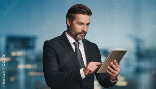 Portrait of Handsome middle-aged businessman, wearing suit, uses a tablet.