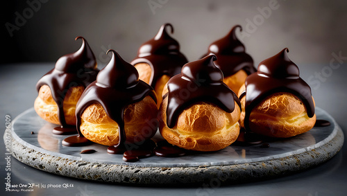 Close up Delicious Profiteroles Candy Filled Dulce de Leche with Chocolate Topping, over a black ardosia stone.  Recipe Gastronomy. photo