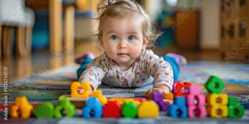A baby playing with colorful blocks. AI.