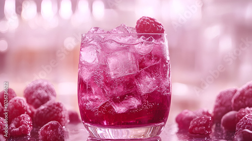 Refreshing raspberry drink in a glass with ice surrounded by fresh raspberries in vibrant setting