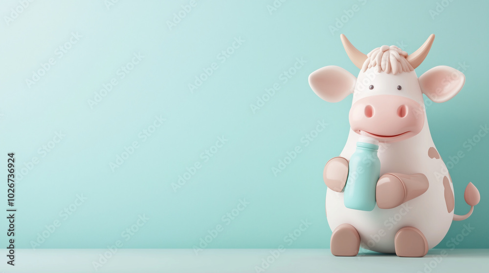 Cute cartoon cow holding a bottle of milk, sitting against a light blue background. Cute cartoon cow holding a bottle of milk, sitting against a light blue background.