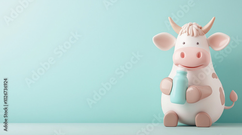 Cute cartoon cow holding a bottle of milk, sitting against a light blue background.