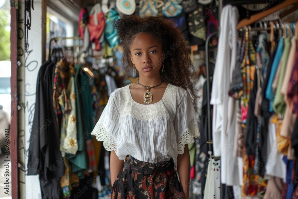 A young woman stands in front of a rack of clothes, wearing a white shirt