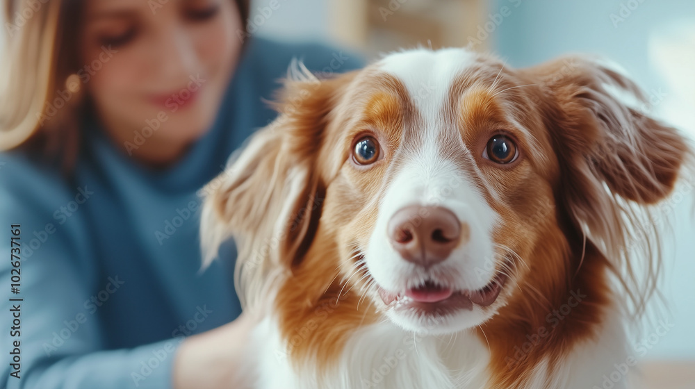 A close-up of a brown and white dog with a woman in the blurry background. A close-up of a brown and white dog with a woman in the blurry background.