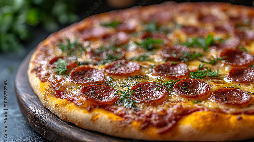 Delicious pepperoni pizza topped with fresh herbs served on a wooden board in a cozy setting Delicious pepperoni pizza topped with fresh herbs served on a wooden board in a cozy setting