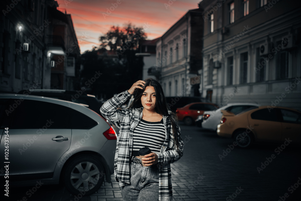 Girl with Coffee Against the Night City Background Girl with Coffee Against the Night City Background