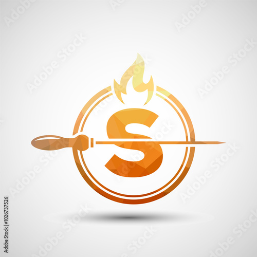 Initial alphabet S with a skewer and fire flame. Low poly Logo design for Barbecue, Seekh Kebab, etc.