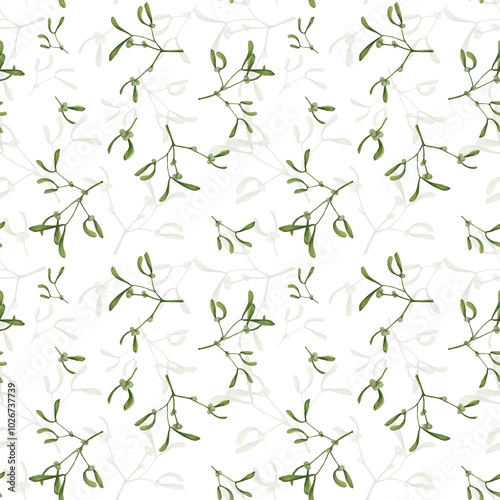 Cute mistletoe branch with green leaves. Watercolor illustration in digital. Mistletoe branch with berries. Botanical illustration, isolated on background. Winter and Christmas theme, seamless pattern