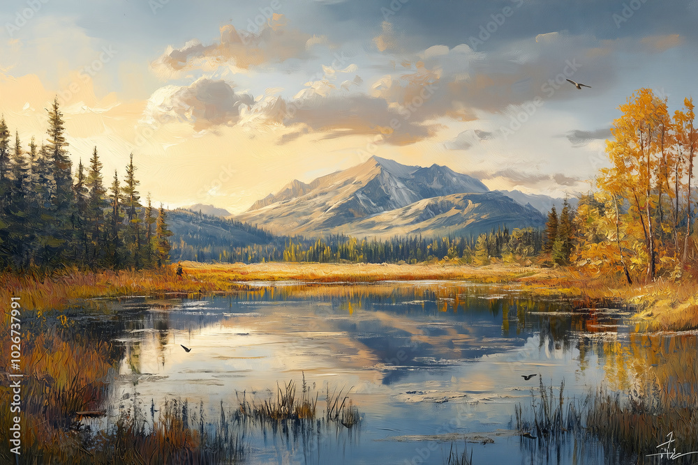 Fototapeta premium Majestic mountains reflect in tranquil waters at sunset in a vibrant landscape