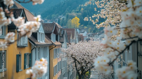 Stroll through picturesque streets adorned with vibrant spring blooms, with stunning mountains in the background creating a serene atmosphere. Generative AI