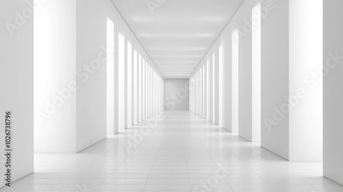 A Minimalist White Corridor with Tiled Floor and Light Reflecting Off Walls