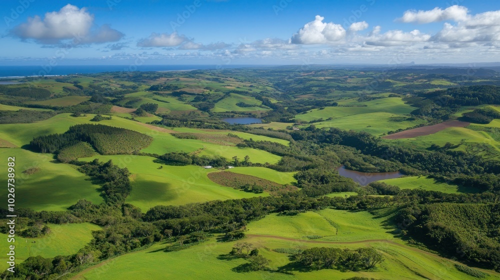 Obraz premium Aerial View of Rolling Green Hills and Lush Vegetation with Two Lakes in the Distance