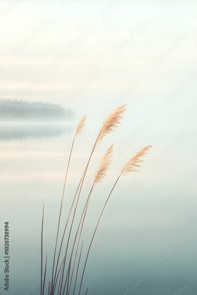 Fototapeta premium Grass stem sways in the wind on calm sea in the morning or evening. Fog over lake in summer. Nature view landscape, background, poster, banner, copy space