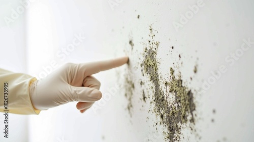 a white wall with visible mold growth beginning to form. A human hand, wearing a rubber glove, is pointing a finger directl	 photo