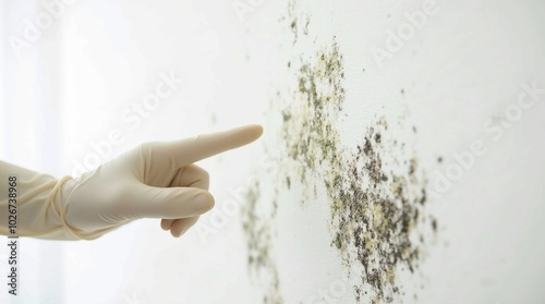 a white wall with visible mold growth beginning to form. A human hand, wearing a rubber glove, is pointing a finger directl	 photo