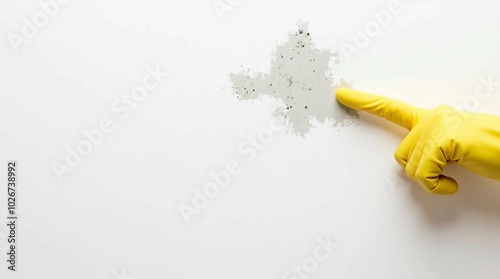 a white wall with visible mold growth beginning to form. A human hand, wearing a rubber glove, is pointing a finger directl	 photo