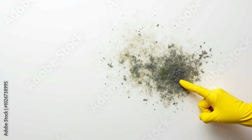 a white wall with visible mold growth beginning to form. A human hand, wearing a rubber glove, is pointing a finger directl	 photo