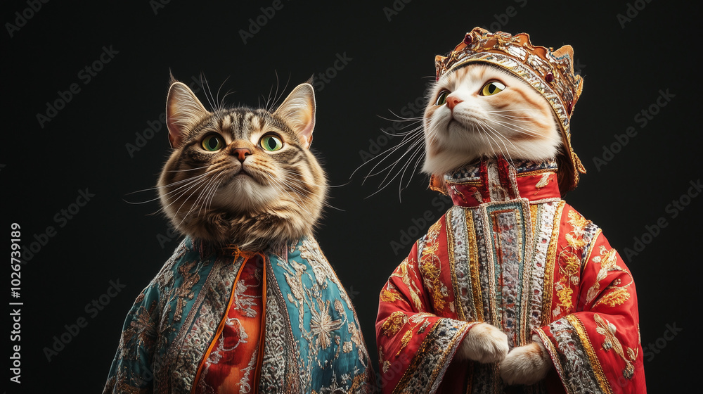 Fototapeta premium Two cats dressed in elaborate royal attire pose against a dark background.
