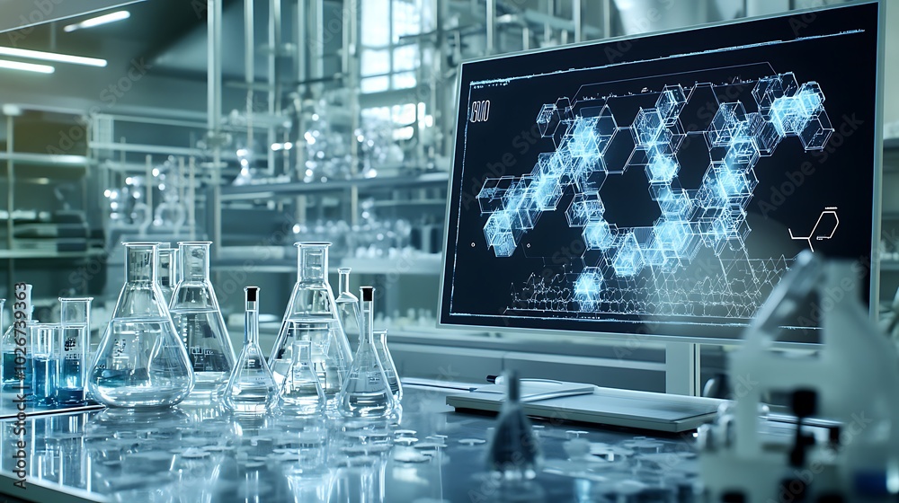 A futuristic chemistry lab with real-time digital monitoring and control of chemical reactions A futuristic chemistry lab with real-time digital monitoring and control of chemical reactions