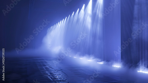 a row of lights that are on a stage with fog in the air and on the ground, on a dark background