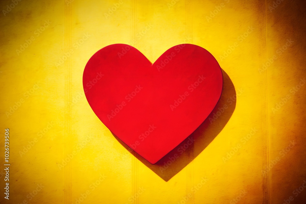 Bold red heart on a vibrant yellow background, casting a shadow, symbolizing love, passion, and simplicity in a striking, minimalistic design